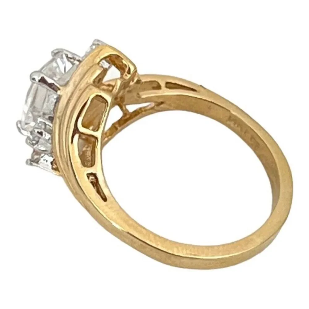 Vintage 1970s Ring Size 9 CZ Emerald Cut Solitaire Bypass Gold Plated - 14R
